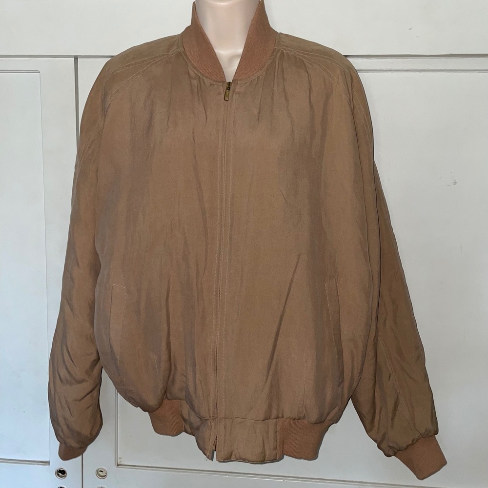 Georges Marciano Vintage 100% Silk Bomber‎ Jacket Tan Beige Full Zip 90s large